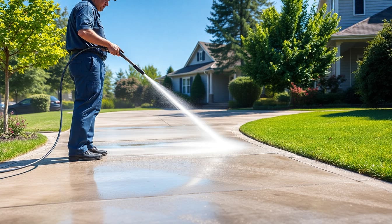 Driveway pressure wash showcasing professional service transforming concrete cleanliness.