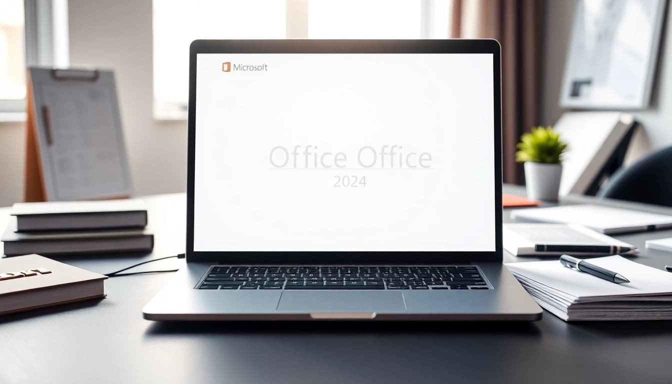 Office 2024 ohne Abo als Dauerlizenz sichern in einem modernen Büro mit Laptop und Dokumenten