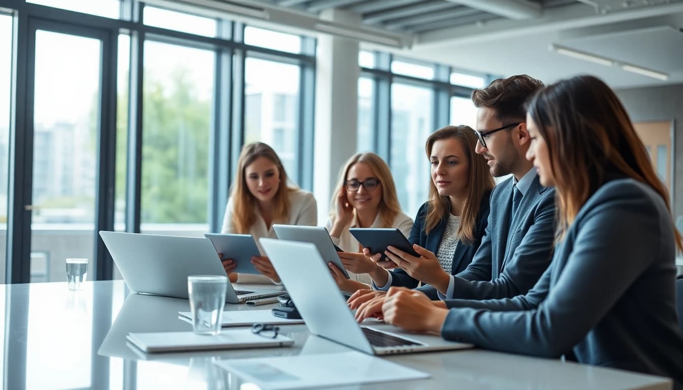 Optimizing SAP ERP processes during a collaborative team meeting in a bright, modern office.