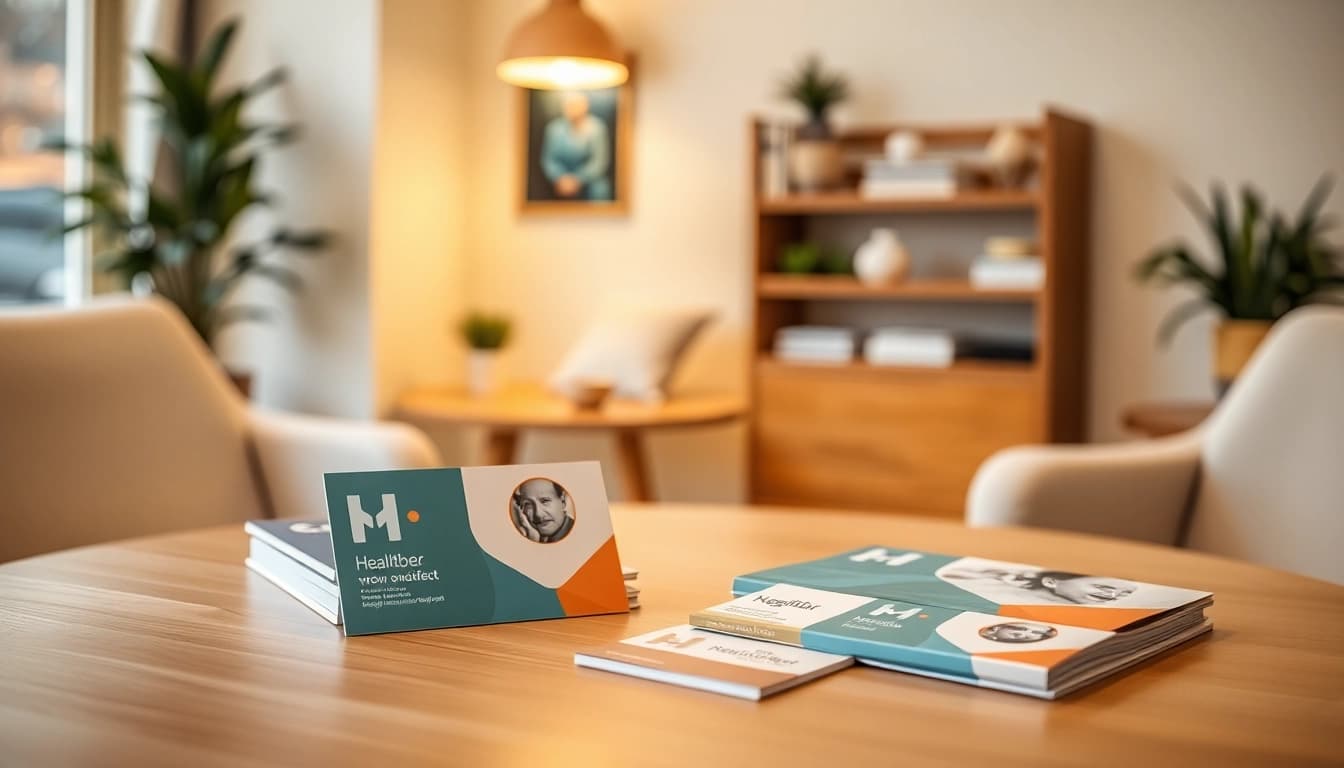Engaging pflegedienst werbung materials showcasing brochures and branding in a warm healthcare setting.