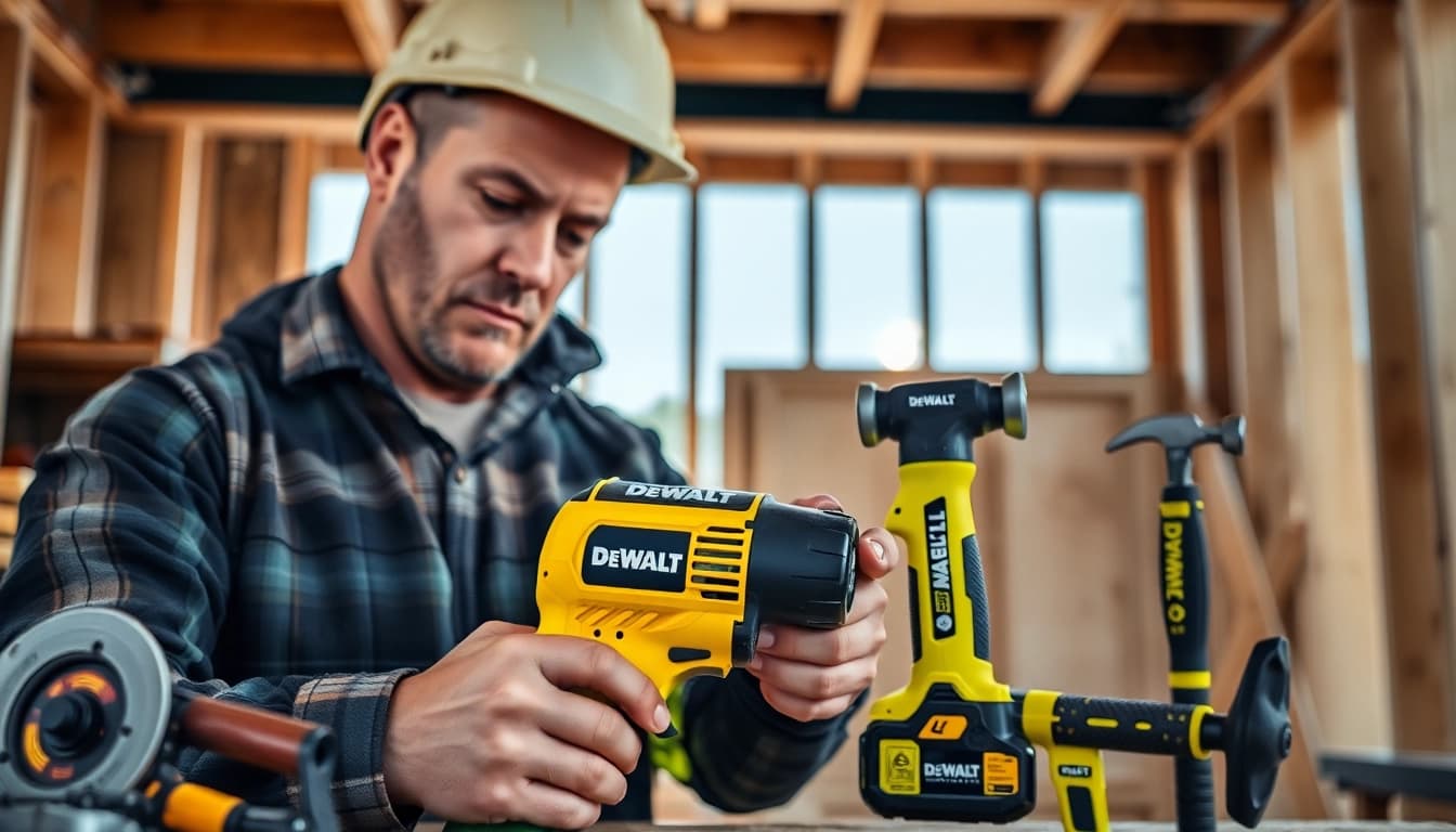 DeWalt Angebote Engagierter Handwerker nutzt DeWalt Akkuschrauber auf Baustelle.