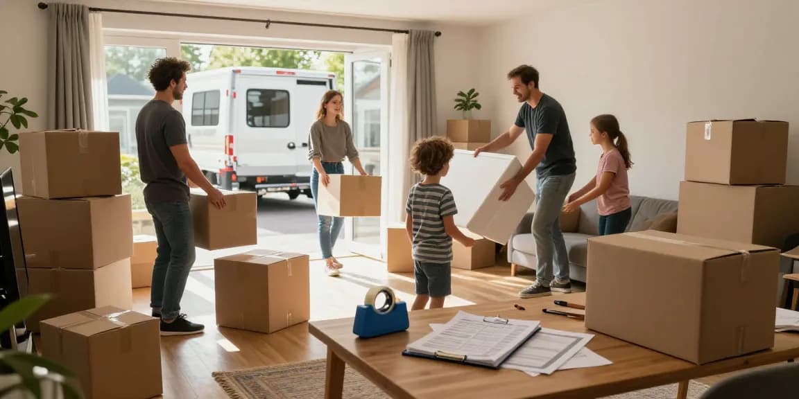 Umzugsunternehmen Bruchsal: Familie packt Umzugskartons und Möbel am Umzugstag.