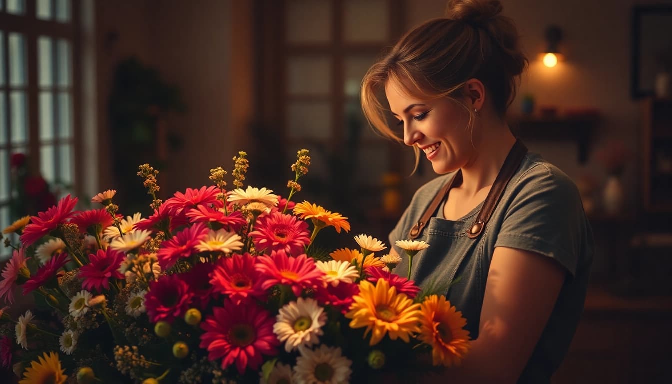 Hauswirtschaftskraft in Hameln arrangiert liebevoll frische Blumen in einem hellen Raum, verleiht dem Ambiente eine freundliche Note.