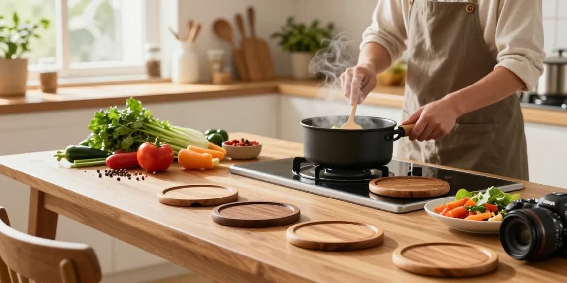 Elegante Topfuntersetzer aus Holz, perfekt für die Küche und um heiße Töpfe stilvoll abzustellen.