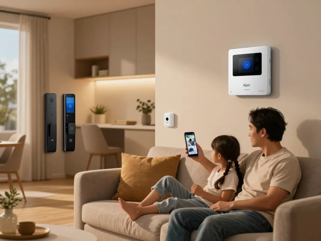 Familie, die ein sicheres Zuhause mit sichtbarer Ajax Alarmanlage-Technologie genießt und die Sicherheit überwacht.