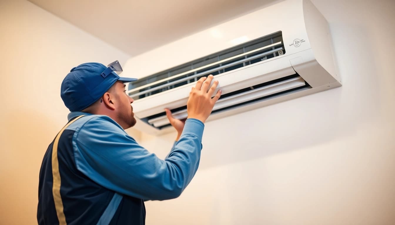 Klimaanlagen installieren lassen von einem professionellen Techniker in einem sauberen Innenraum.