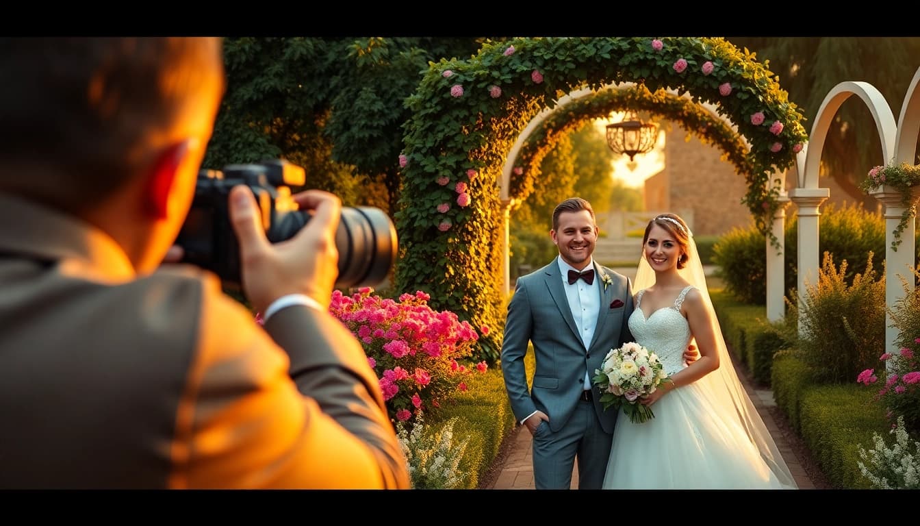 Hochzeitsfotograf München überrascht das Brautpaar in einem malerischen Garten.