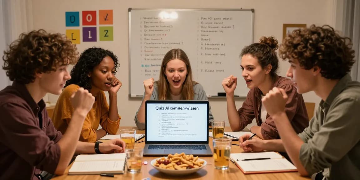 Friends enjoying a fun Quiz Allgemeinwissen session together in a cozy study, surrounded by vibrant decor and snacks.