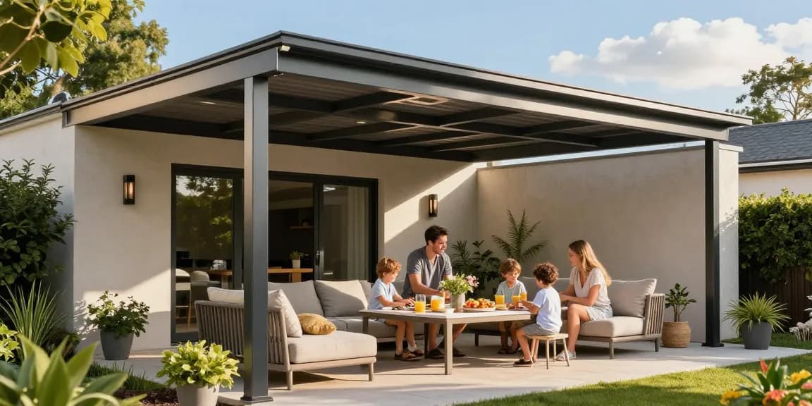 Familie genießt eine Zusammenkunft unter einer modernen Terrassenüberdachung im Garten.