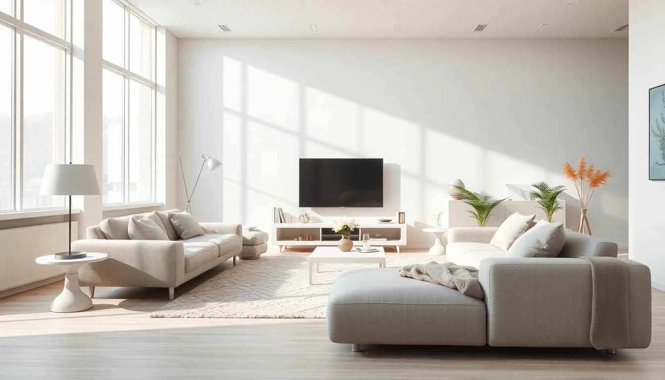 Staubsauger showcasing its suction power on various surfaces in a stylish living environment.