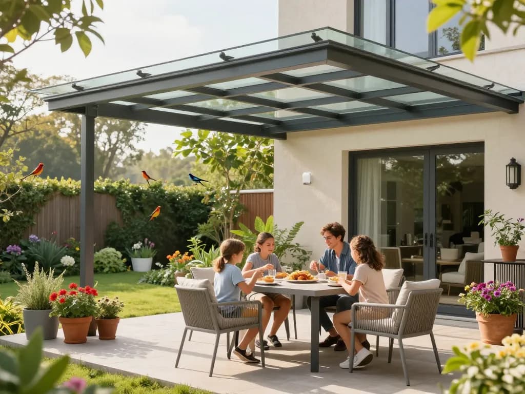Elegante Terrasse mit moderner Terrassenüberdachung, Familie genießt Frühstück im Freien im lebendigen Morgenlicht.