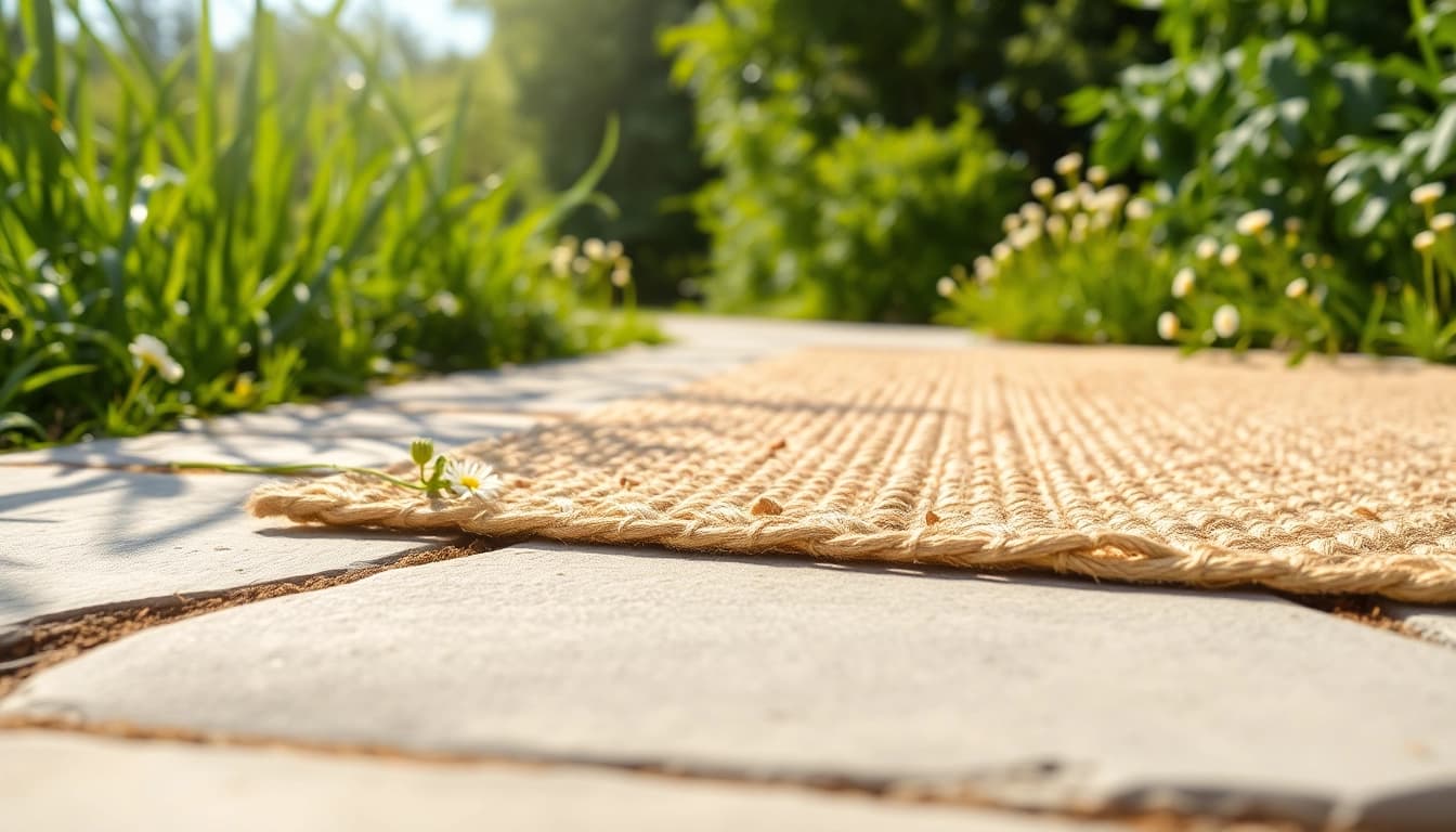 Hanfmatte auf einem sonnigen Weg, umgeben von grüner Natur und bunten Blumen.