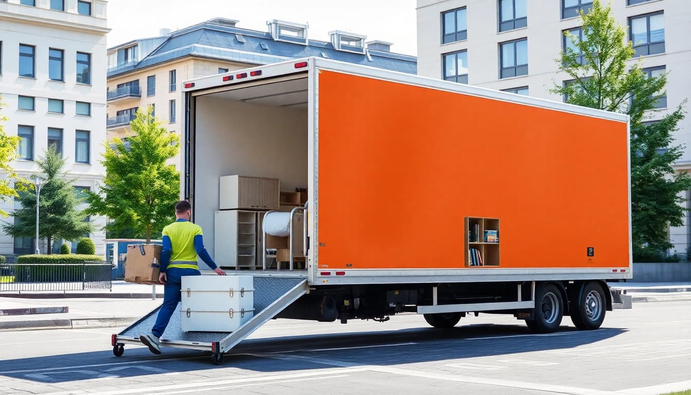 Firmenumzug Potsdam: Möbelpacker beim Umzug in Potsdam mit Umzugswagen und urbaner Kulisse.