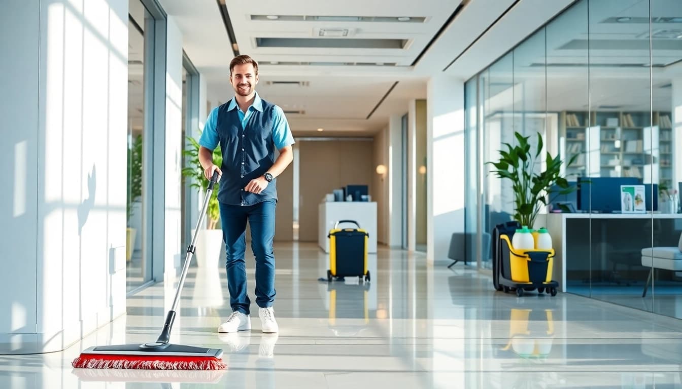 Effektive Gebäudereinigung Ulm mit professionellen Reinigungskräften in einem modernen Büro.