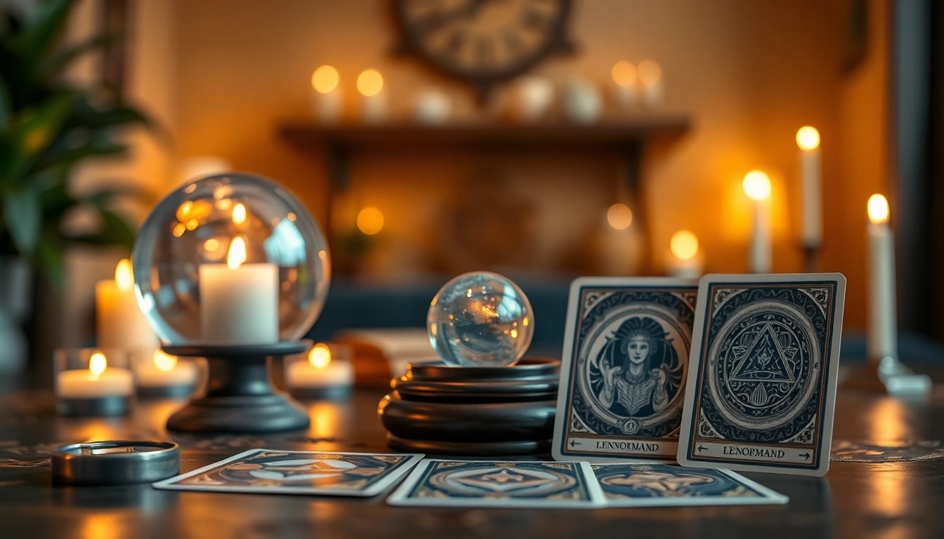 Lenormand orakel online: Tarot session with Lenormand cards, crystal ball, and candles.