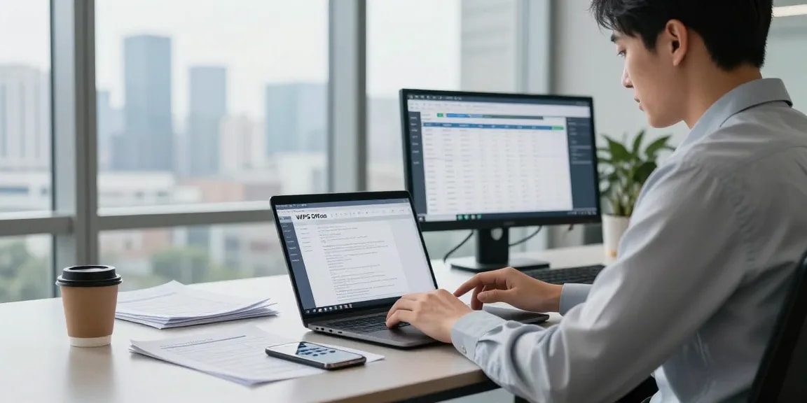 使用WPS Office进行文档编辑的商务人士，现代办公室环境中充满高效与专业氛围