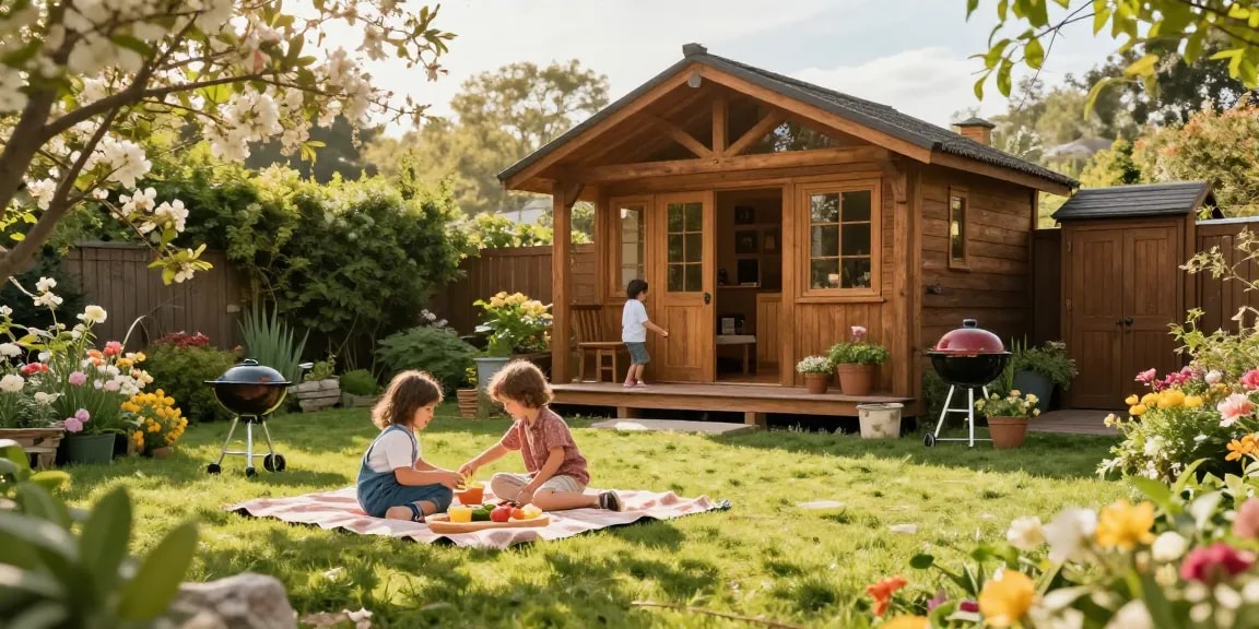 Gartenhaus kaufen: Charmantes Holzgartenhaus umgeben von blühenden Pflanzen und einer fröhlichen Familie im Garten.