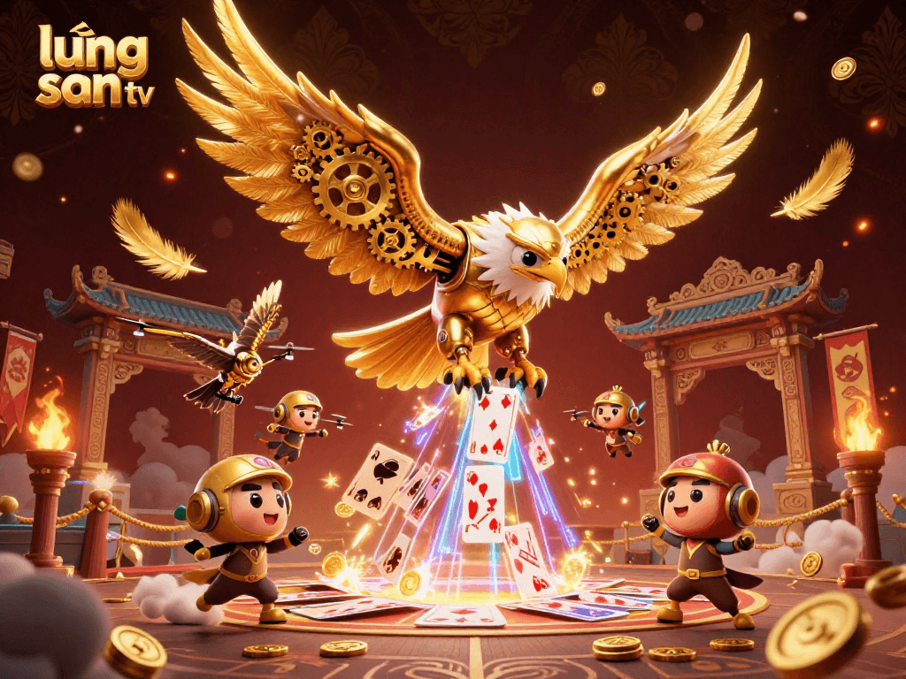 Experience thrilling gameplay with lương sơn tv, featuring a golden eagle and holographic cards in action.