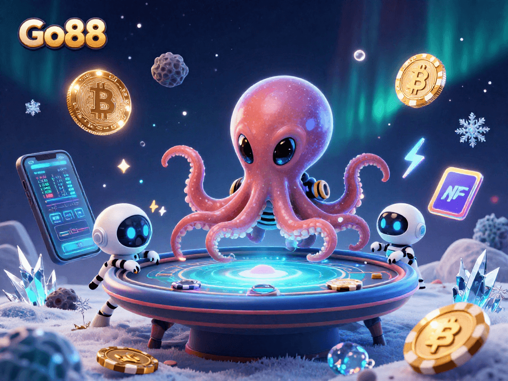 Go88's alien octopus entertaining players at a holographic poker table amidst crypto coins and vibrant visuals.