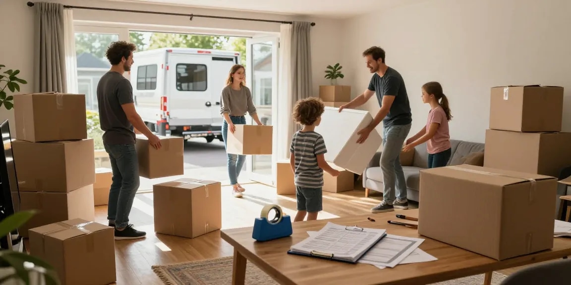 Umzugsunternehmen Bruchsal: Familie packt Umzugskartons und Möbel am Umzugstag.