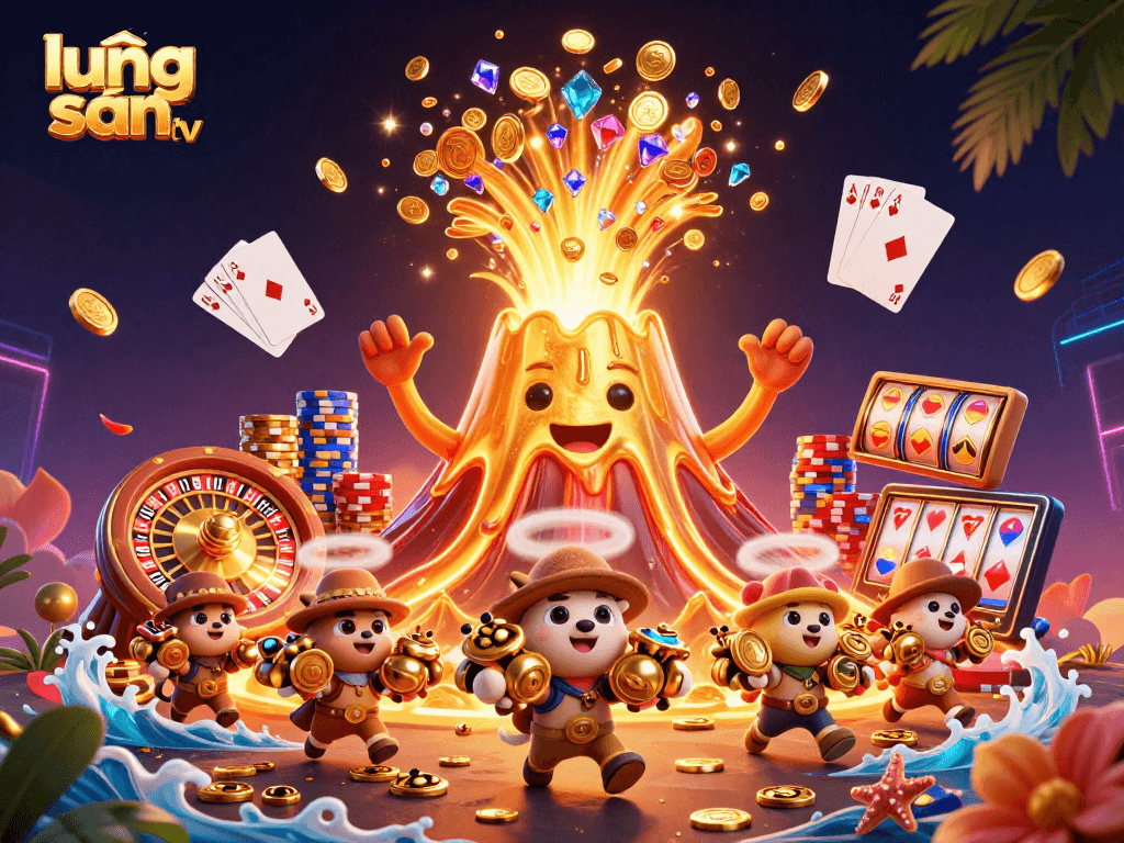 Experience lương sơn tv with an energetic illustration of a golden volcano erupting treasures and gambling elements.