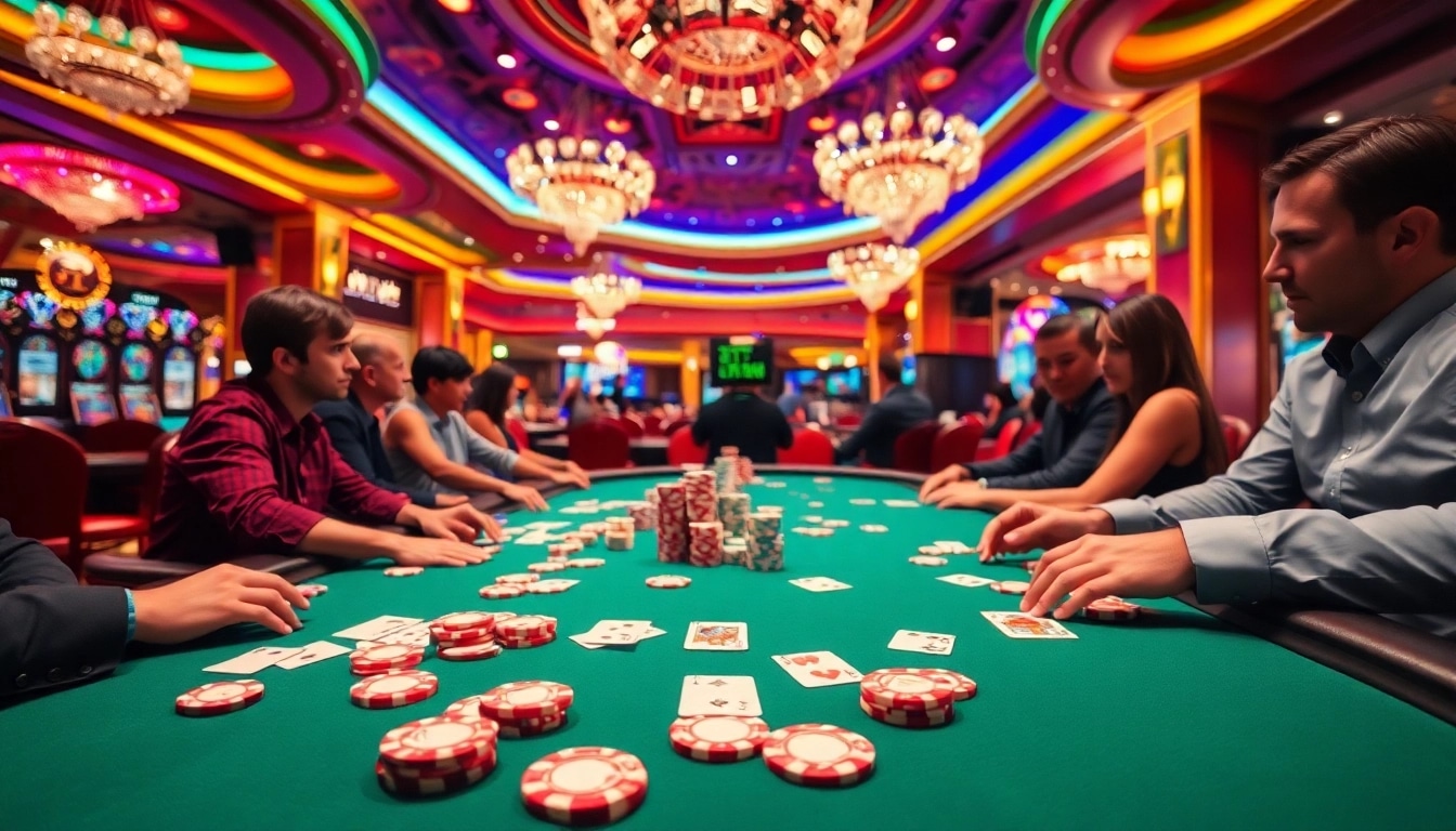 Spannende Pokerrunde bei casinospielen.de mit Spielern und Chips in einem lebhaften Casino.