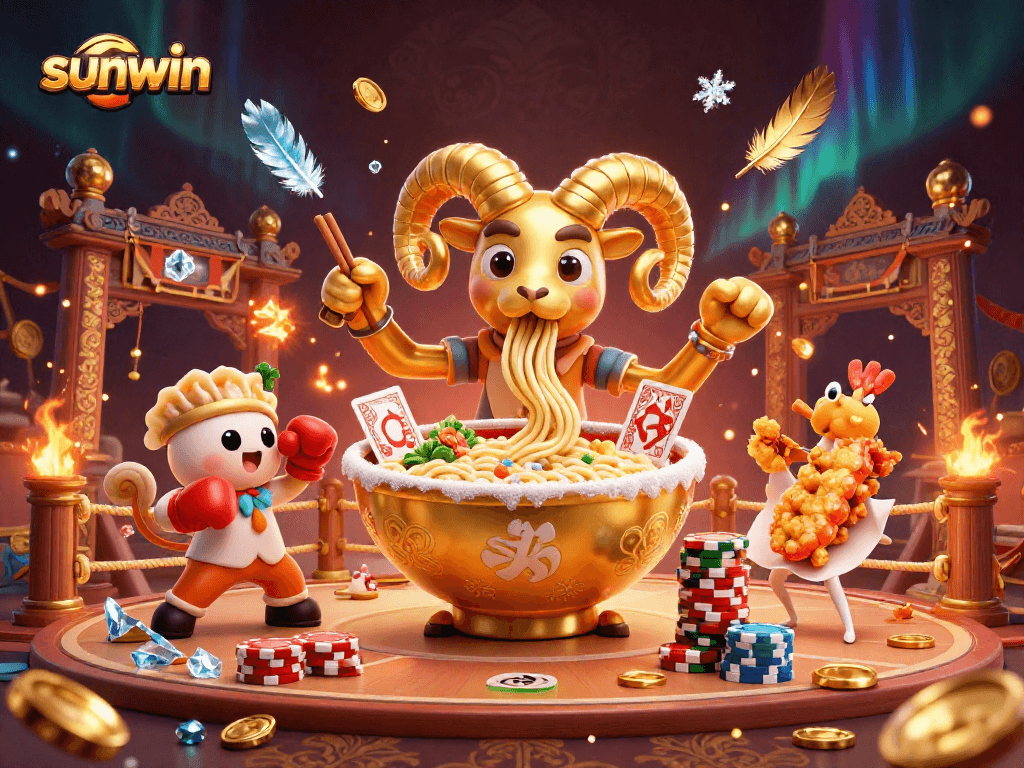 Experience thrilling gameplay with sunwin's golden ramen bowl dealer and joyful sushi roll as they stack chips.