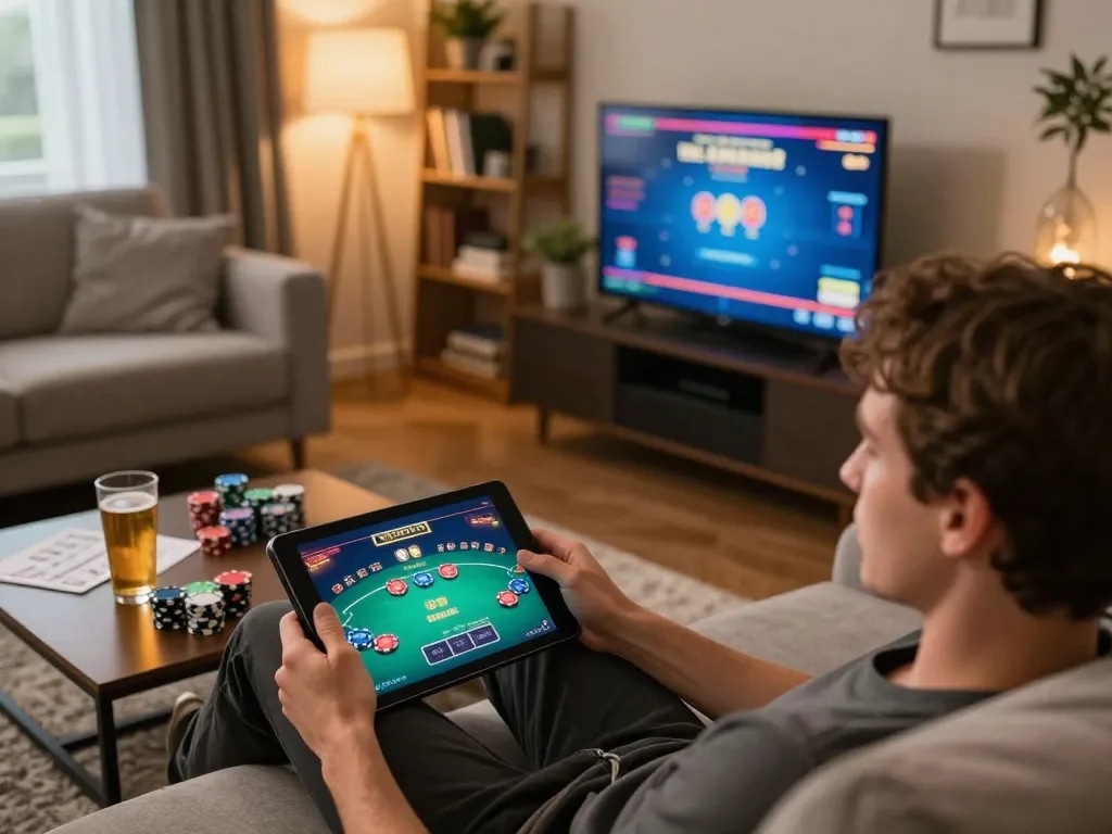 Player enjoying DA88 online poker on a cozy sofa with vibrant gameplay displayed on tablet