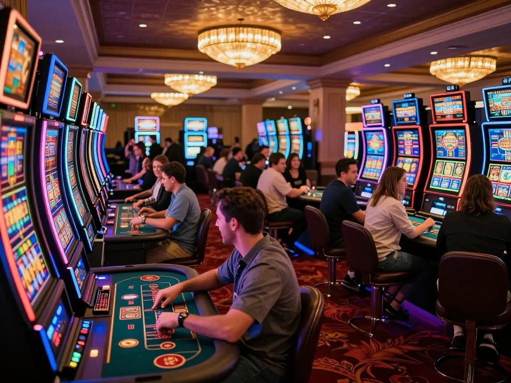 Players engaging in the vibrant atmosphere of a casino with nohu-themed slot machines