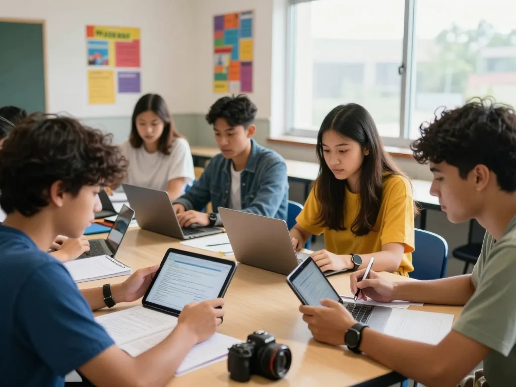 Gruppe von Studierenden, die gemeinsam Hausaufgaben KI-Werkzeuge in einem hellen Klassenzimmer verwenden, um Hausaufgaben zu lösen.