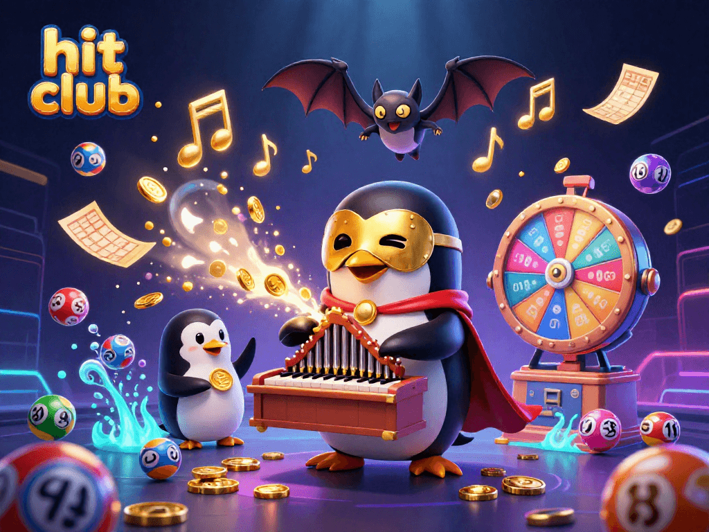 Experience hit club excitement with a vibrant 3D illustration of a penguin playing a pipe organ amid a lively gambling scene.