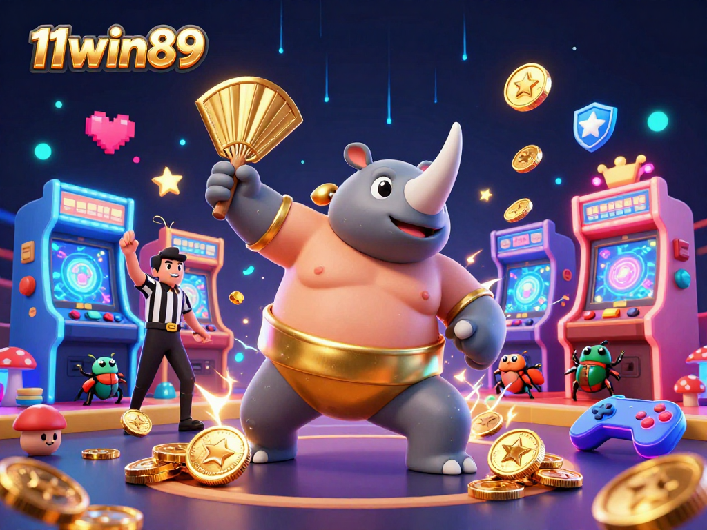 Experience excitement with 11win89 as the sumo champion beetle stomps and coins fly in a vibrant casino.