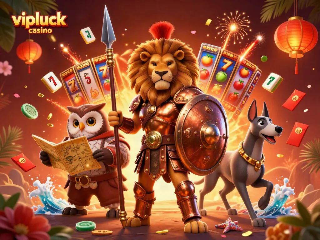 Experience thrilling gameplay at vipluck casino with a vibrant 3D illustration showcasing dynamic characters and casino icons.