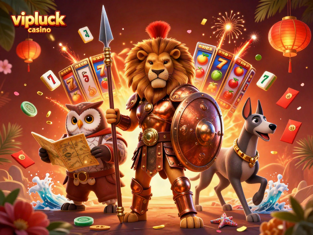 Experience thrilling gameplay at vipluck casino with a vibrant 3D illustration showcasing dynamic characters and casino icons.