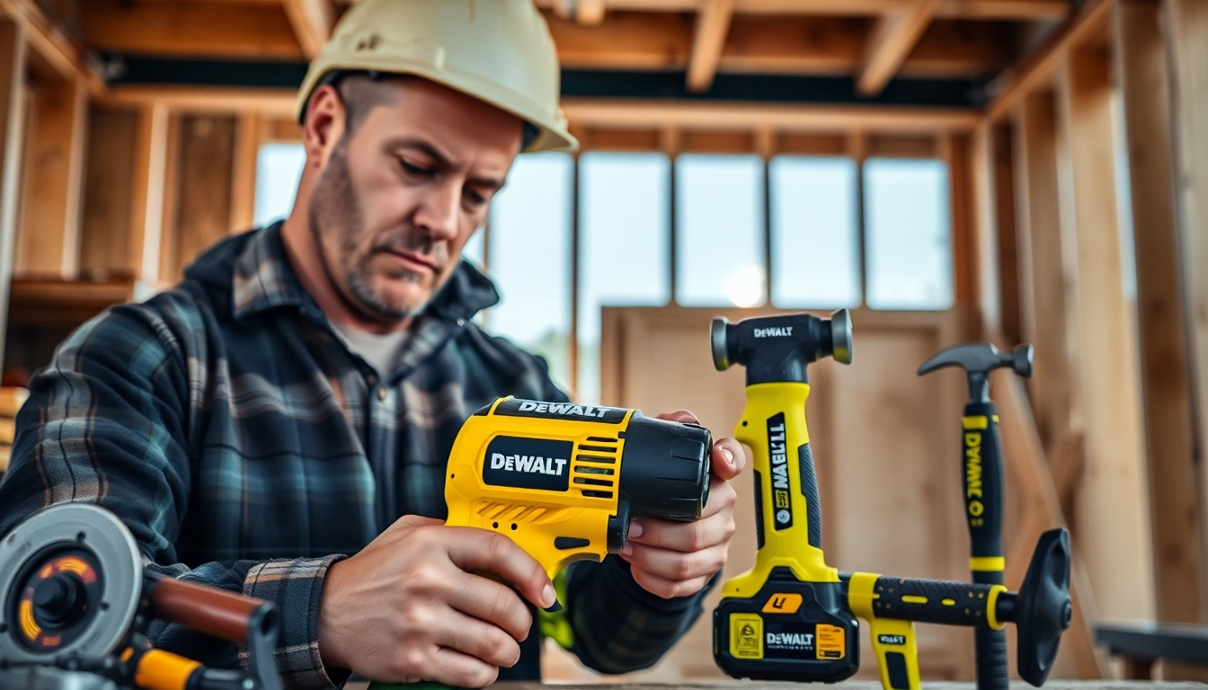 DeWalt Angebote Engagierter Handwerker nutzt DeWalt Akkuschrauber auf Baustelle.