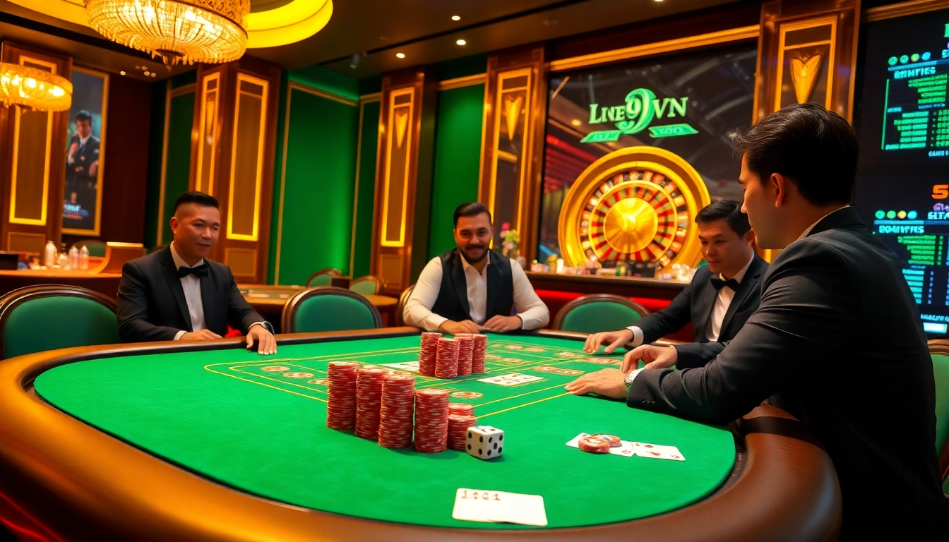 Players enjoying a high-stakes poker game at 69VN casino with vibrant table and luxurious ambiance.