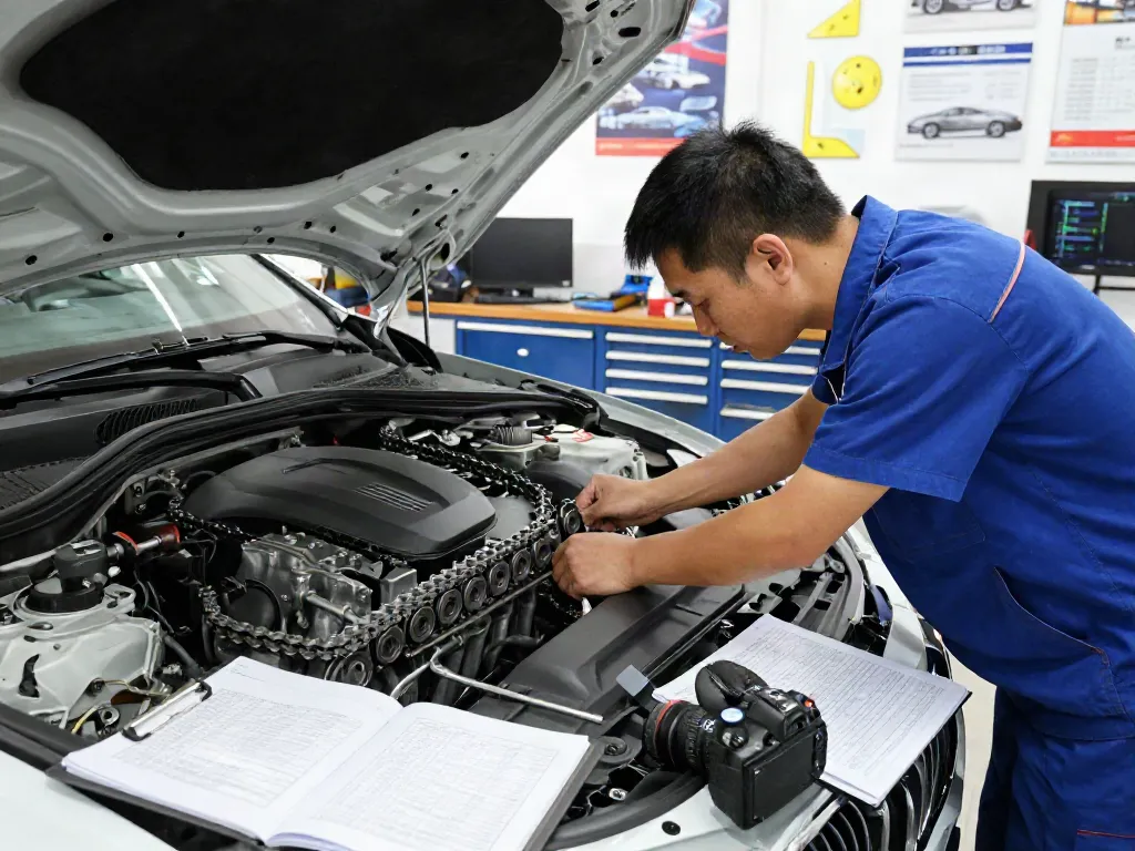 Mechaniker prüft den Steuerkettenwechsel in Hannover in einer professionellen Werkstatt.