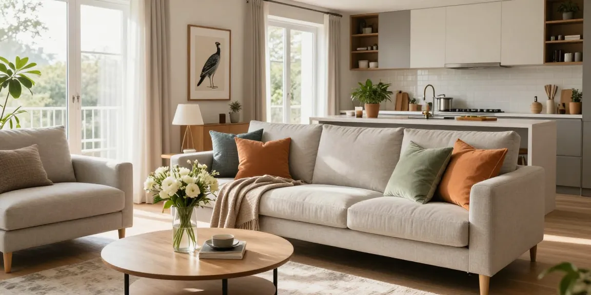 Gemütliches Wohnzimmer mit günstige möbel online, modernem Sofa und stylischer Küche im Hintergrund.