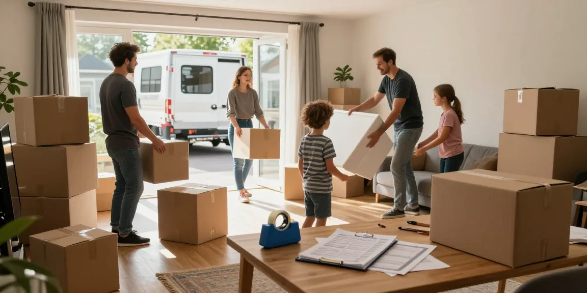 Umzugsunternehmen Bruchsal: Familie packt Umzugskartons und Möbel am Umzugstag.