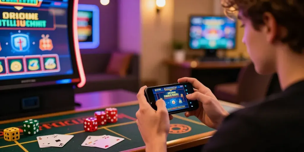 Mobile Casinos Österreich: Spieler genießt aufregendes Online Casino Erlebnis auf Smartphone mit bunten Glücksspiel-Symbolen.