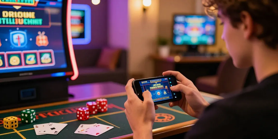 Mobile Casinos Österreich: Spieler genießt aufregendes Online Casino Erlebnis auf Smartphone mit bunten Glücksspiel-Symbolen.