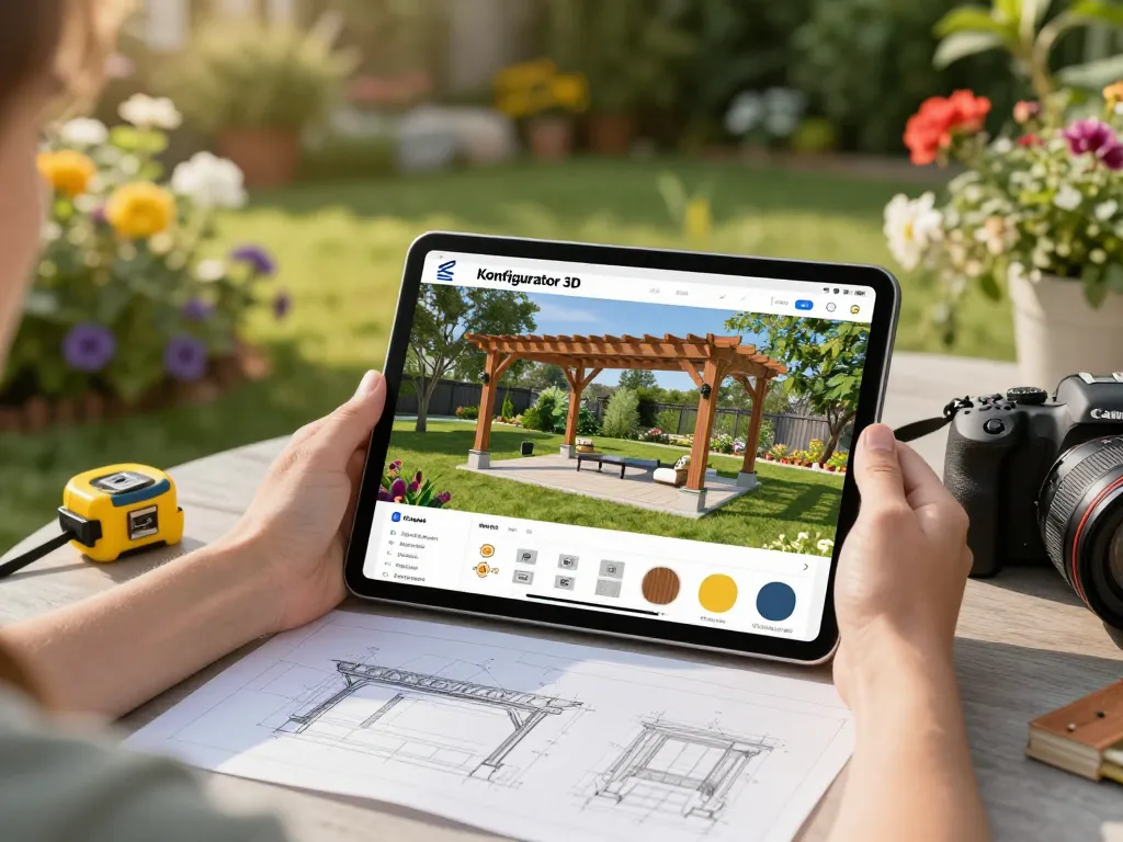 Pergola Konfigurator 3D in Gebrauch von einem Hausbesitzer, der eine maßgeschneiderte Außenpergola inmitten üppigen Grüns gestaltet.