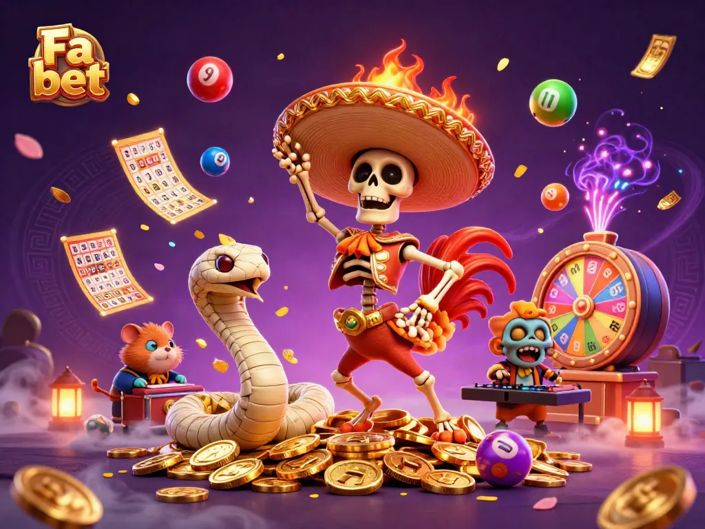 Fa bet celebrates winnings with vibrant party scene featuring animated characters and casino elements.