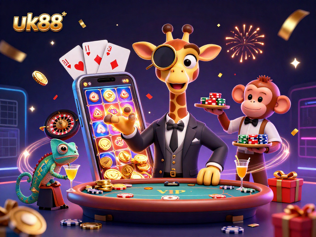 Experience exhilaration with uk88 at a vibrant casino scene featuring animated characters and slot games.
