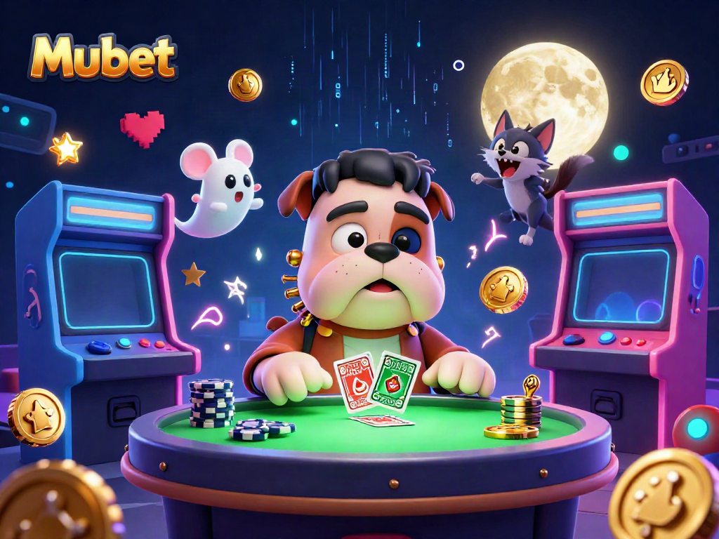 Mubet's Frankenstein bulldog and werewolf kitten deal cards at a spooky table amid colorful gaming elements.