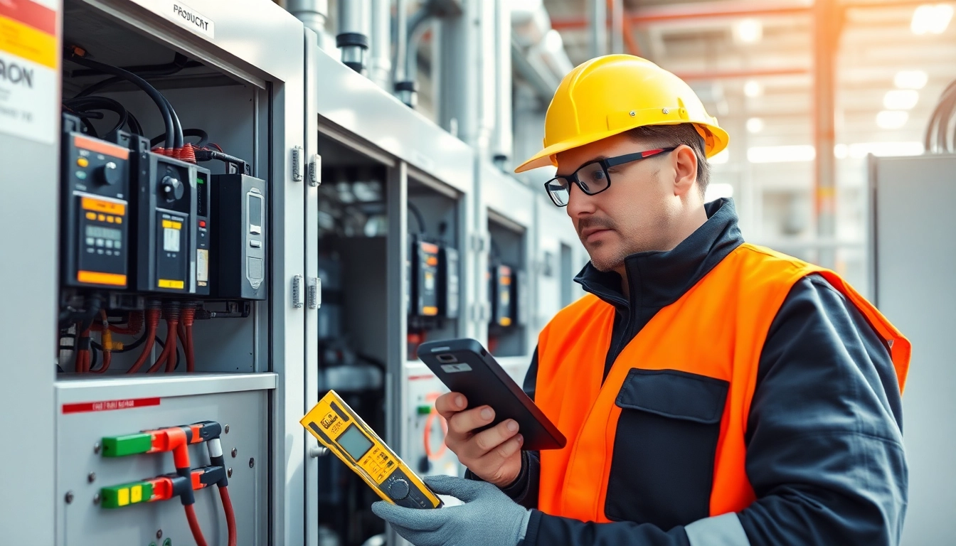Technician performing a DGUV V3 Prüfung on electrical equipment, ensuring safety compliance.