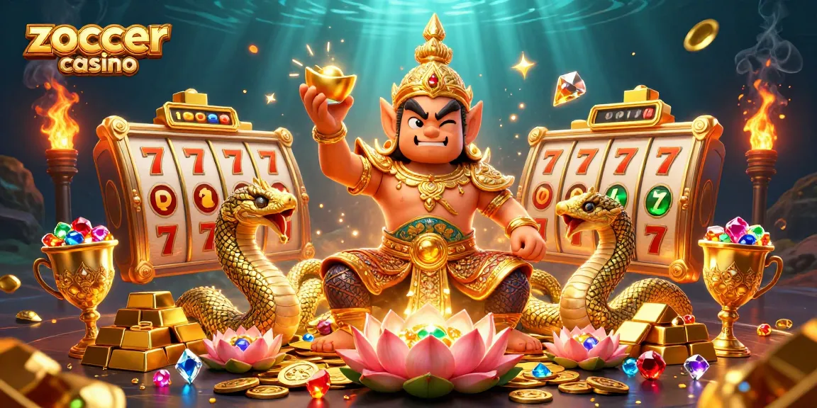 Zoccer Casino illustration features a guardian and Naga companions surrounded by slot elements and treasure.