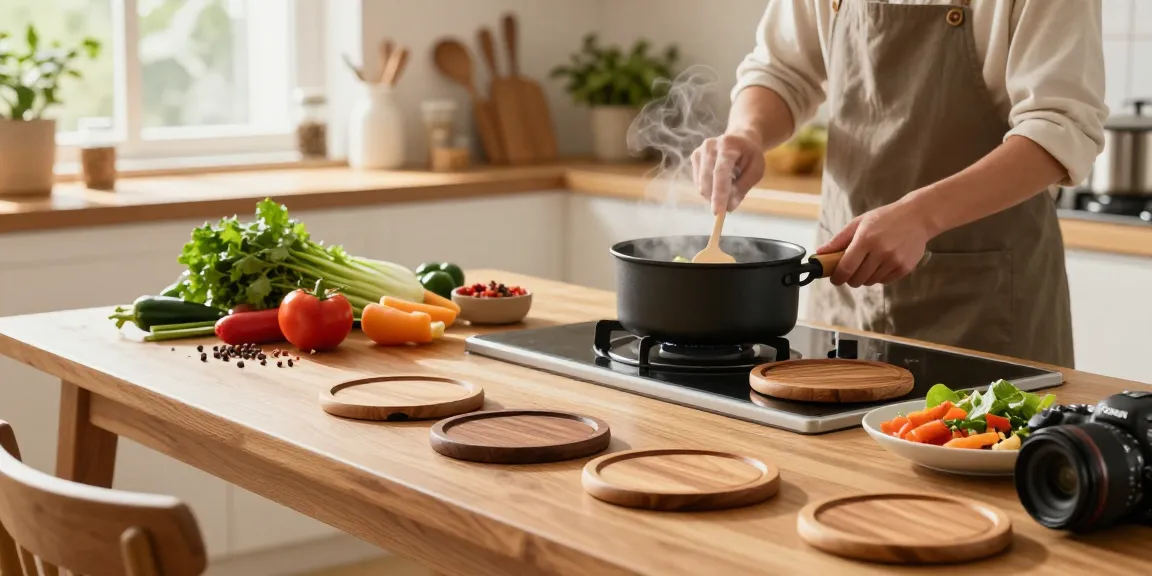 Elegante Topfuntersetzer aus Holz, perfekt für die Küche und um heiße Töpfe stilvoll abzustellen.
