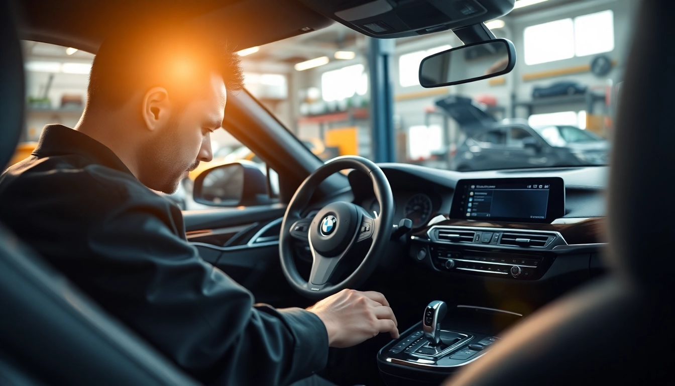 BMW Codierer arbeitet an modernisiertem BMW Fahrzeug im Werkstatt-Umfeld.