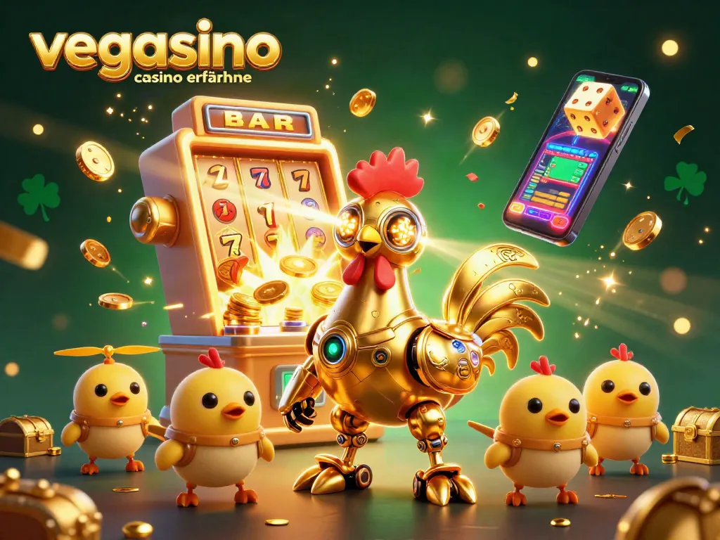 Engage with vegasino casino erfahrungen as a vibrant 3D scene featuring a golden rooster robot and dynamic casino elements.